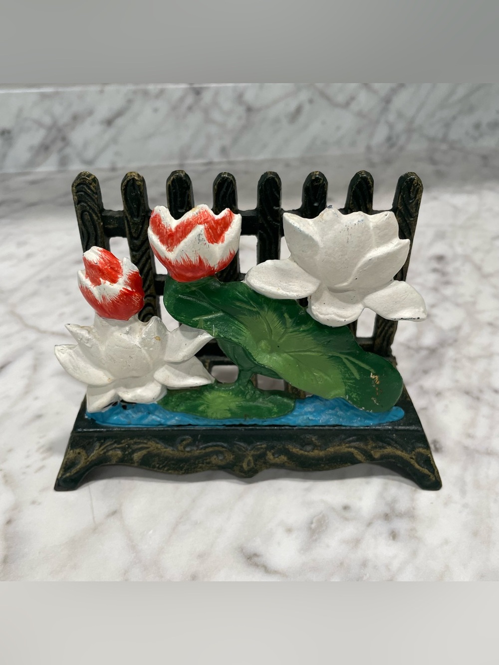 Cast Iron Napkin Holder Hand Painted Lotus Flower Fence White Red & Green Heavy
